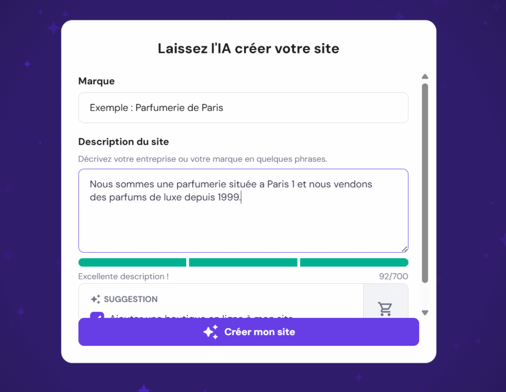 Capture d'écran de creation de site avec l'ia d'hostinger
