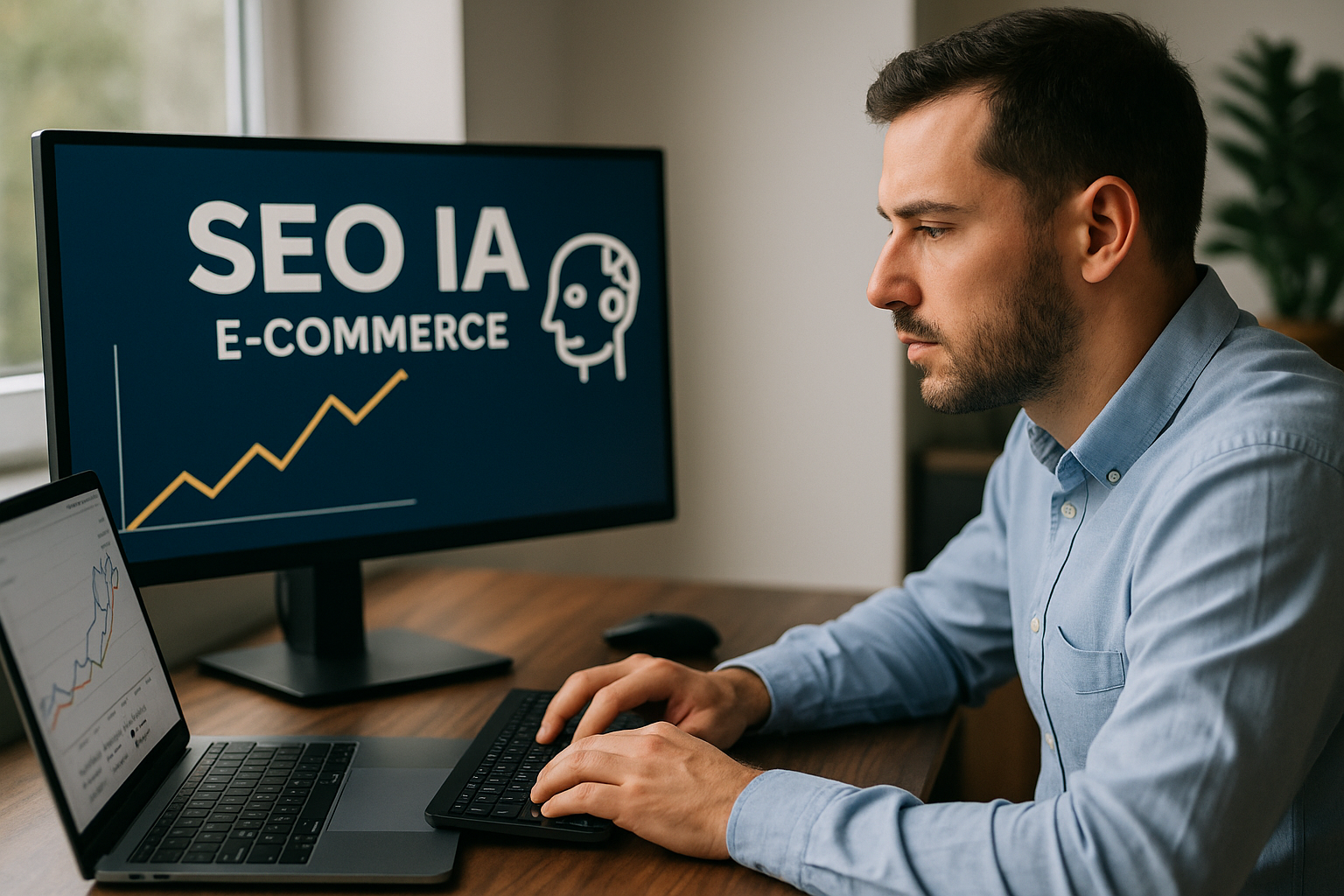 Homme sur un bureau avec ordinateur faisant du SEO IA
